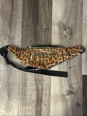 Leopard Print Faux Fur Waist Bag with Gold Zippers